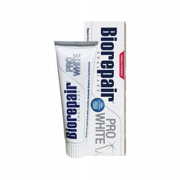 Biorepair Pro White Toothpaste, 75 ml, designed for enamel restoration and whitening. Helps repair damaged enamel, reduce tooth sensitivity, and protect against cavities while providing a bright, white smile.