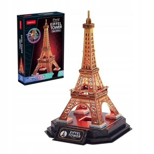3D LED Puzzle - CubicFun, 51 pieces, featuring the Eiffel Tower in Paris. This night version puzzle lights up, offering a stunning illuminated display once assembled. Perfect for puzzle lovers and as a decorative piece.