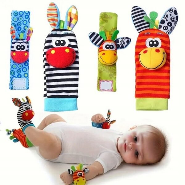 4x Socks 3D Rattle Handle and Foot Bands for Your Baby – a set of socks with built-in rattles and foot bands, designed to stimulate your baby's senses and encourage movement.