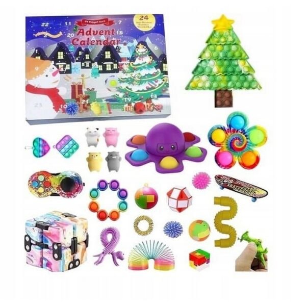 Advent Calendar with Anti-Stress Toys Pop It Fidget Toy – 24 days of stress-relief fun with Pop It and fidget toys behind each door, perfect for the holiday season countdown.