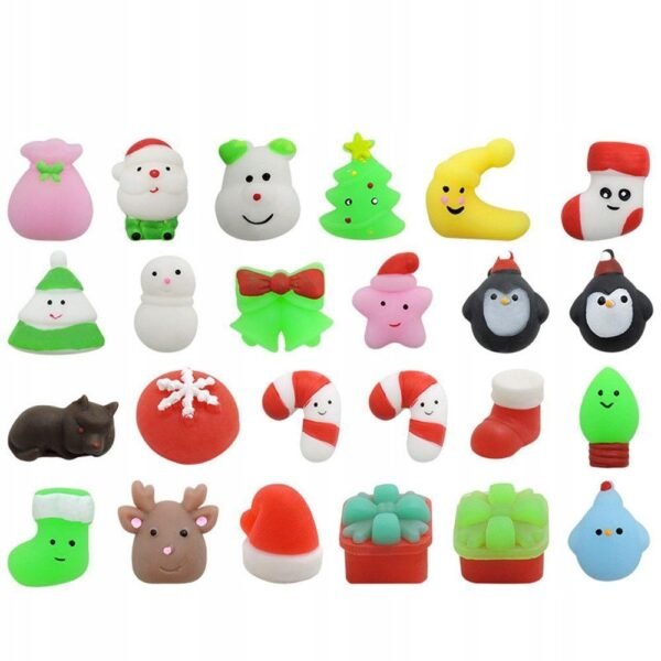 Advent Calendar with Mochi Squishy 24 Anti-Stress Surprises – 24 soft mochi squishy toys hidden behind each door, perfect for stress relief and tactile fun throughout the holiday season.