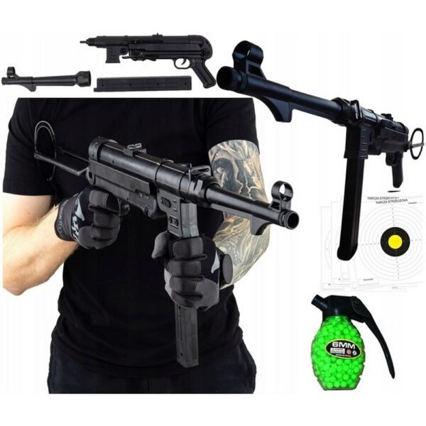 BIG RIFLE GUN RAG MP 40 + 800 BALLS SCHMEISSER — large MP 40 replica with a realistic design, featuring a high-capacity magazine and 800 gel balls for extended play. Perfect for tactical games, collectors, and enthusiasts of historical firearm replicas.