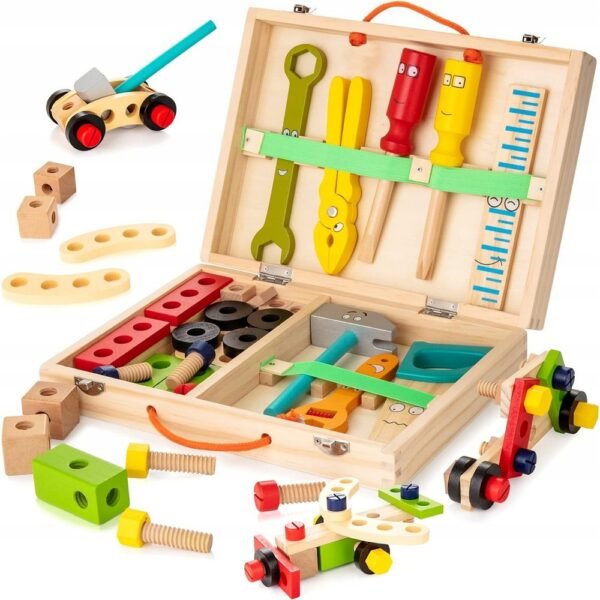 A wooden tool box set with twisting blocks, designed for hands-on play to develop fine motor skills, creativity, and problem-solving abilities.