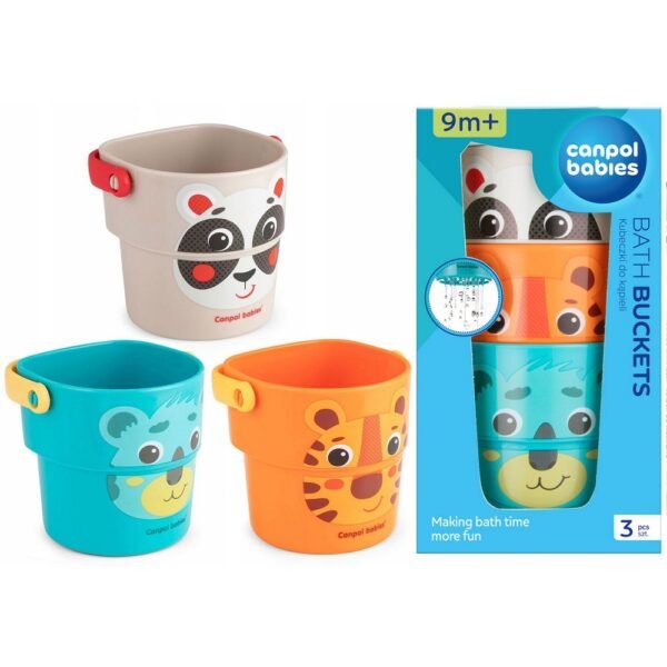 This set of 3 colorful cups and buckets from CANPOL is designed for fun water play in the bath or tub. The cups feature playful overflow and tube designs, making them perfect for scooping, pouring, and creating gentle water streams