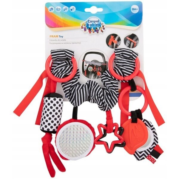 A black-and-white contrast sensory toy that attaches easily to strollers, car seats, or baby carriers, designed to captivate and engage infants.