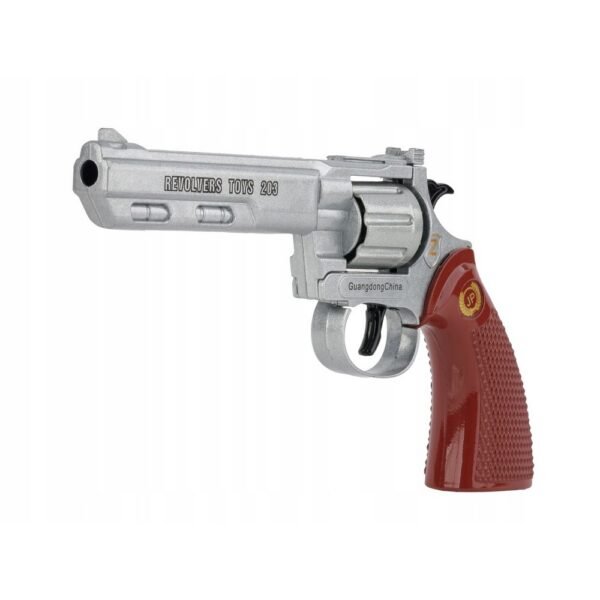 This sleek silver metal revolver features a realistic "flame" effect, creating an exciting shooting experience. Perfect for collectors or interactive play, it combines style and functionality with its durable construction and eye-catching design.