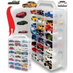 A double-sided 48-car storage case with Hot Wheels cars and stickers, perfect for organizing and customizing your collection.