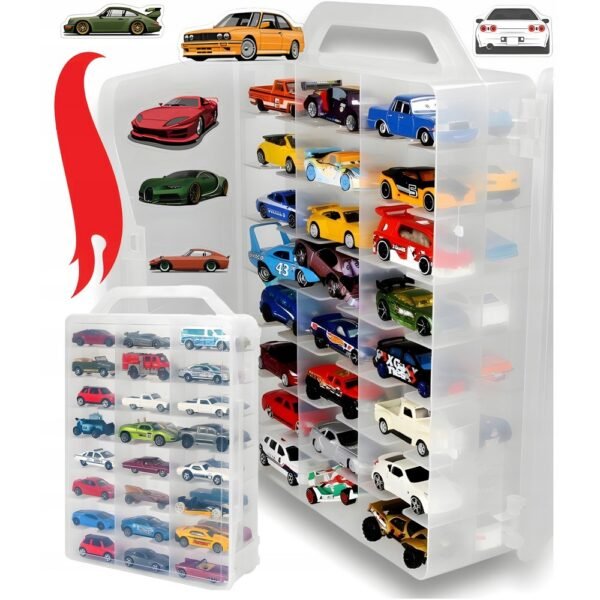 A double-sided 48-car storage case with Hot Wheels cars and stickers, perfect for organizing and customizing your collection.