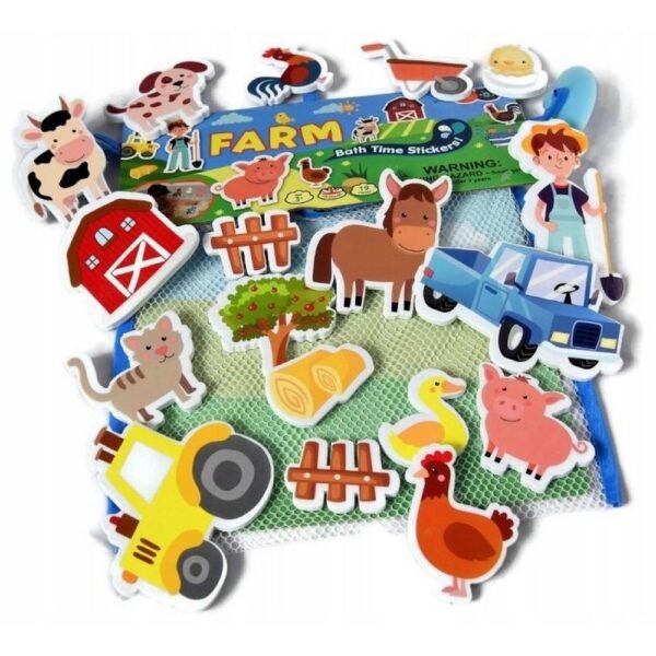 These colorful foam bath stickers feature a fun farm theme, allowing kids to stick and arrange animals and farm items on the bath walls. Ideal for imaginative play, they stick easily to wet surfaces and are safe for children.