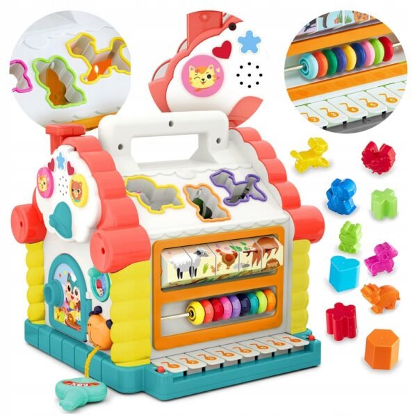 The Cottage Sorter Playing Interactive Educational Cube Piano Multi-House is a colorful toy that combines a shape sorter, piano, and playhouse. It helps babies develop motor skills, shape recognition, and musical abilities while encouraging imaginative play.
