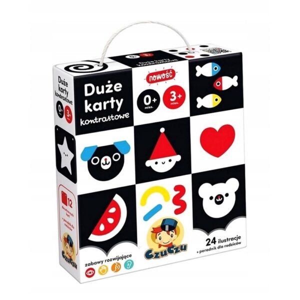 A set of high-contrast cards featuring bold, black-and-white designs to stimulate babies' vision during the early months of development.