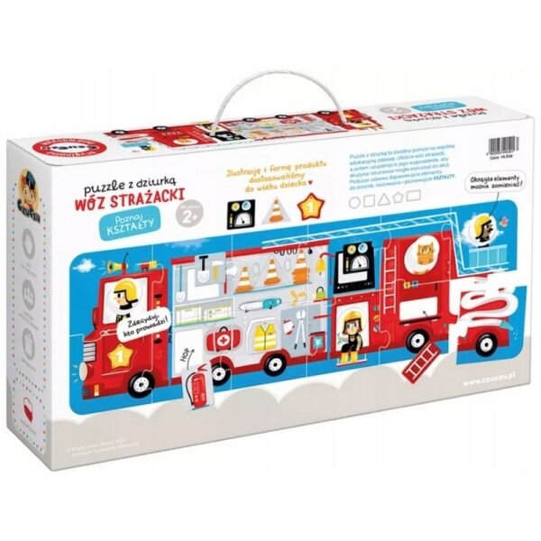 CzuCzu Puzzle with Hole "Fire Truck" (23 pieces, 0401) is an educational puzzle designed for children aged 2 and up. It features a fire truck design with a hole for easy handling, helping to develop motor skills and shape recognition.