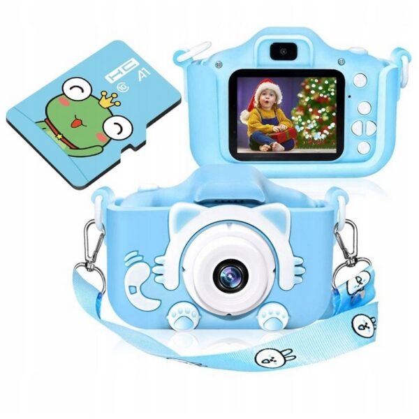 Digital Camera for Children Photo Blue Kitten + 4GB Card is a kid-friendly digital camera designed with a cute blue kitten theme. It comes with a 4GB memory card for storing photos and videos. This camera is perfect for young children to explore photography in a fun and simple way.