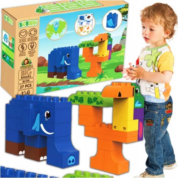 A building block set featuring animal shapes like an elephant and toucan, designed to enhance creativity, fine motor skills, and learning through play. Made with eco-friendly BiOBUDDi material.