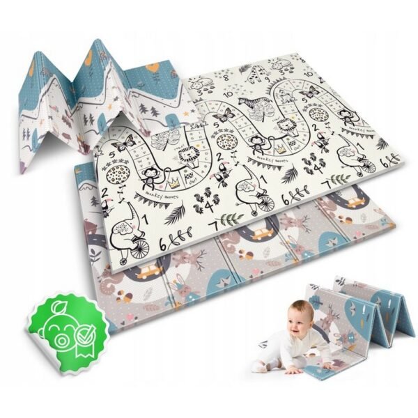 Un grand tapis de jeu pliable en mousse XPE écologique et non toxique, avec des motifs éducatifs comme des chiffres, des lettres et des animaux.
