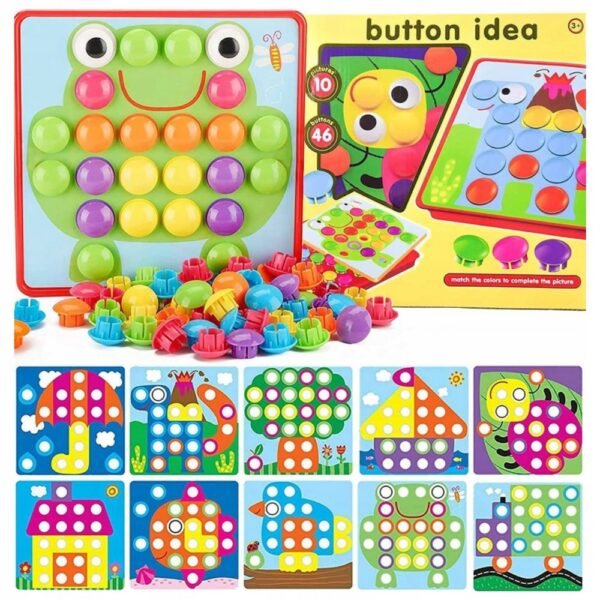 Educational Puzzle Button Mosaic Hand Training, Colors & Mushroom Shapes – a hands-on puzzle set with colorful buttons that children can arrange to form mushroom shapes and other designs. It helps improve fine motor skills, color recognition, and creativity.