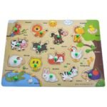 A set of wooden puzzle blocks designed to enhance cognitive and problem-solving skills in children. Bright, durable, and safe for young learners.