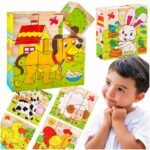 A wooden puzzle set with farm-themed blocks, designed to teach children about animals, shapes, and enhance their cognitive and problem-solving skills.
