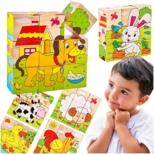 A wooden puzzle set with farm-themed blocks, designed to teach children about animals, shapes, and enhance their cognitive and problem-solving skills.