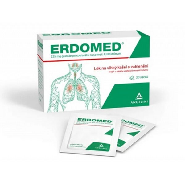 Erdomed 225mg Powder for Suspension 20x225mg, used to treat respiratory conditions, helps to loosen mucus and ease breathing.