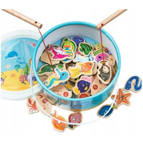 A magnetic wooden fishing game with puzzle blocks, featuring 2 fishing rods, designed to develop motor skills, hand-eye coordination, and problem-solving abilities.