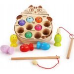 A wooden fishing game set featuring a kitten, magnetic fishing rods, and fish, designed to improve motor skills and hand-eye coordination, with free stickers included.