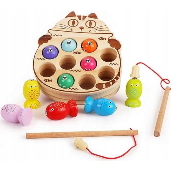 A wooden fishing game set featuring a kitten, magnetic fishing rods, and fish, designed to improve motor skills and hand-eye coordination, with free stickers included.