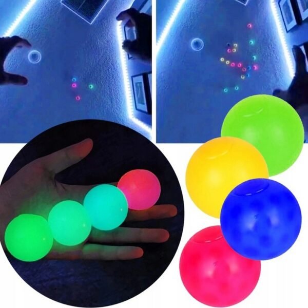 Glowing sticky anti-stress balls, set of 4 (65mm). Soft, squeezable, and light up for fun stress relief.