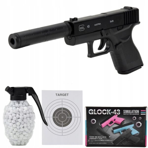 Gun Balls Silencer Glock ASG Metal 800 — metal Glock replica with a built-in silencer, designed for gel ball shooting. Comes with 800 gel balls for extended gameplay and realistic experience. Ideal for collectors and enthusiasts of tactical games.