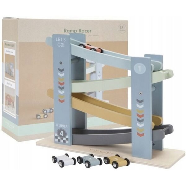 A wooden slide track set by Little Dutch, featuring 4 colorful cars that race down the track, designed to improve hand-eye coordination and imaginative play.