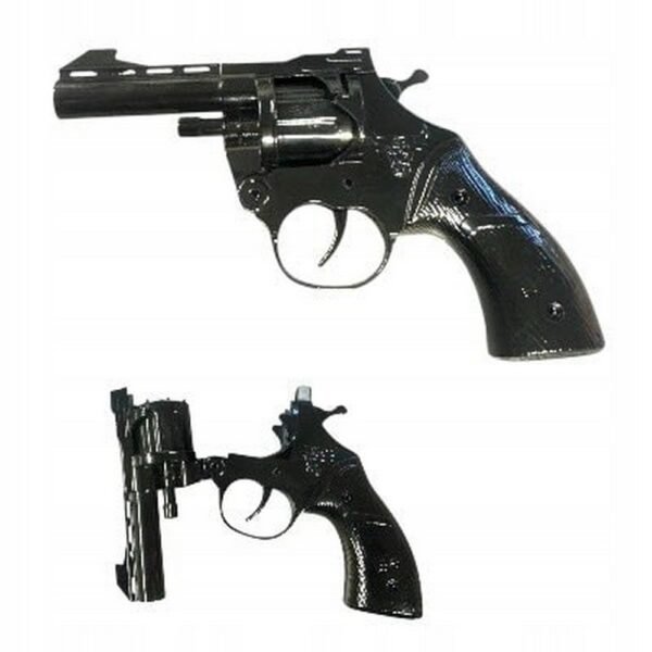 This metal revolver toy gun adds excitement to playtime with realistic "flame bang" effects, simulating the look and sound of a real revolver. It comes with cartridges for added fun, perfect for interactive role-playing games.