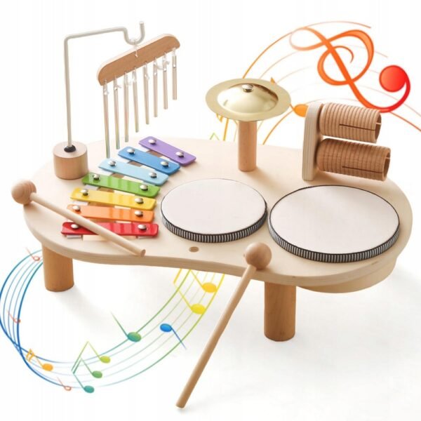 Montessori Musical Instruments for Children – an educational music table featuring various instruments to promote creativity, coordination, and musical skills in young children.