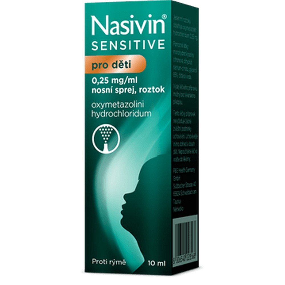nasivin sensitive children 025mgml nassprsol 10ml Nasivin Sensitive Children 0.25mg/ml is a nasal spray designed for children. It has a vasoconstrictor effect, helping to relieve nasal congestion and difficulty breathing due to a cold. Convenient to use with a dosage suitable for young children.
