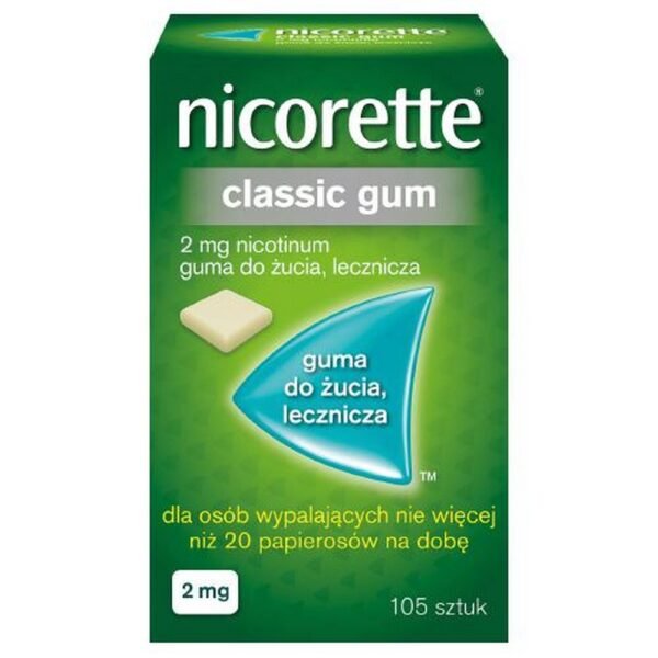 Nicorette Classic Gum 2mg Chewing Gum 105 pcs, helps reduce nicotine cravings, provides effective support in quitting smoking.