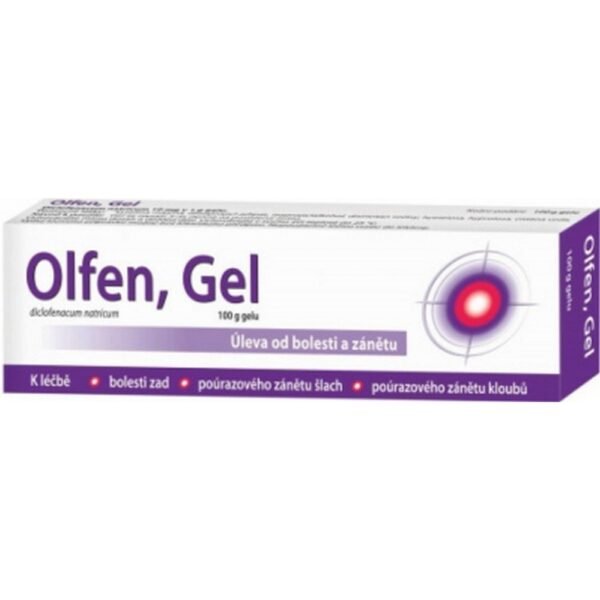 Olfen 10 mg/g Gel 1x100 g is a topical gel containing diclofenac, a nonsteroidal anti-inflammatory drug (NSAID). It is used to relieve pain and inflammation associated with musculoskeletal conditions, such as sprains, strains, arthritis, and back pain. The gel is applied directly to the skin, where it works locally to reduce swelling and alleviate pain.