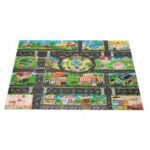 A large, durable play mat featuring a vibrant city street design with road signs, perfect for interactive play with toy cars and figures.