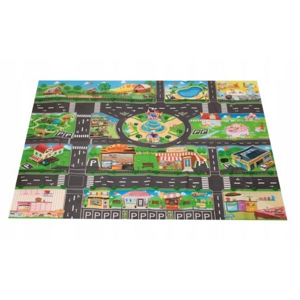A large, durable play mat featuring a vibrant city street design with road signs, perfect for interactive play with toy cars and figures.