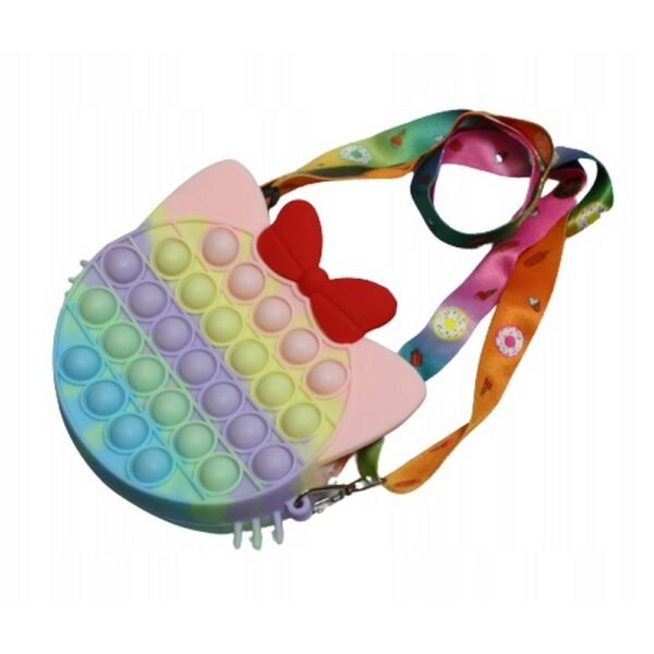 Poppit Bag Rainbow Cat with a Bow (15cm Fidget) – a colorful, sensory fidget toy in the shape of a cat with a bow, designed to provide tactile stimulation and stress relief.