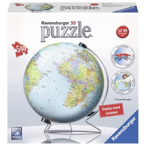 Ravensburger 3D Puzzle Globe with 540 pieces. This puzzle allows you to assemble a spherical globe, featuring a detailed world map. It's a fun and educational way to learn about geography while developing spatial awareness.