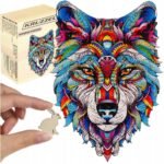 Wooden Educational Puzzle Blocks for Children and Adults, featuring a wolf design. This puzzle helps develop cognitive and problem-solving skills, offering an engaging challenge for all ages.