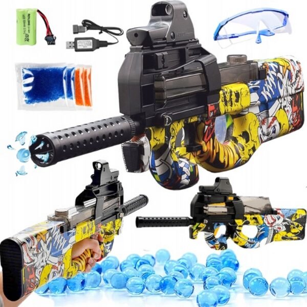 This fun and safe toy gun replicates the iconic P90 MP CS:GO rifle, designed for kids. It uses gel balls for a non-harmful, exciting shooting experience, perfect for outdoor games and action-packed fun.