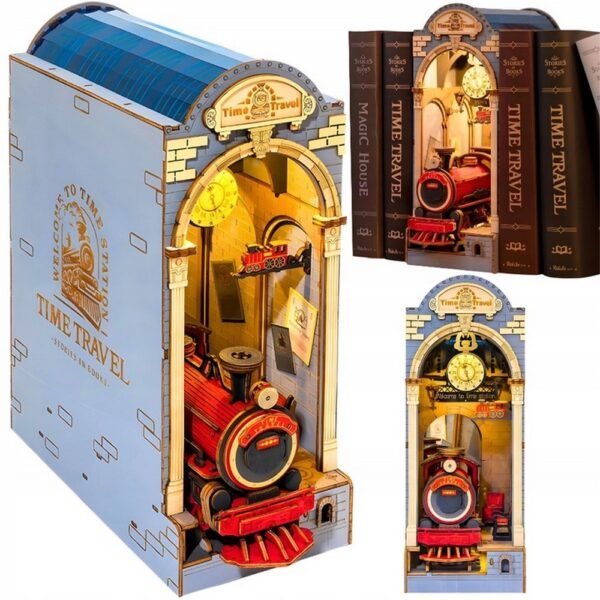 ROBOTIME Folding Wooden 3D LED Model - Book Nook "Time Travel." This creative DIY model allows you to build a detailed, light-up time travel scene that fits between books on a shelf, adding a magical touch to any bookshelf.