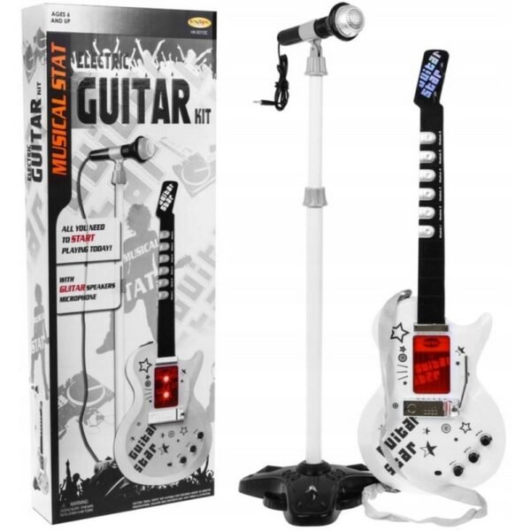 Set of Electric Guitar for Children + Microphone, Tripod, and Light 9010C – a complete musical set for kids, featuring an electric guitar, microphone, adjustable tripod, and colorful lights for an exciting performance experience.