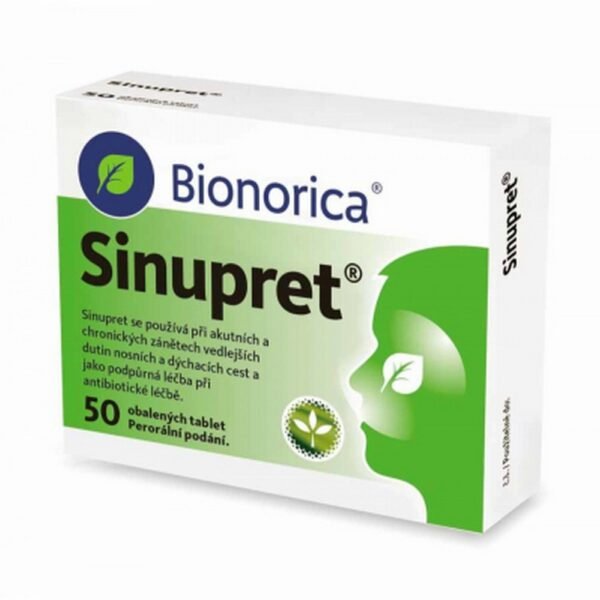 Sinupret 50 coated tablets, herbal remedy for sinusitis, helps to relieve nasal congestion and promote healthy sinus function.