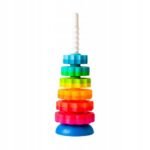 Spin Again Fat Brain Toy Twisted Tower Pyramid with Spinning Discs – a fun, interactive toy featuring a twisting tower and colorful spinning discs. Children can drop the discs into the tower, watch them spiral down, and spin as they land, promoting hand-eye coordination and sensory play.