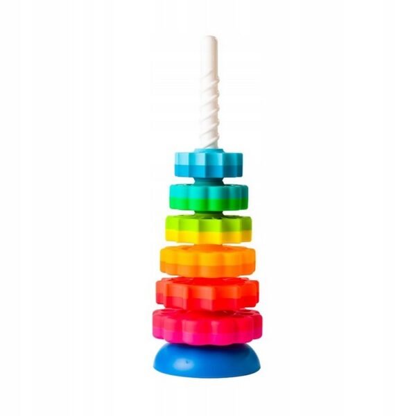 Spin Again Fat Brain Toy Twisted Tower Pyramid with Spinning Discs – a fun, interactive toy featuring a twisting tower and colorful spinning discs. Children can drop the discs into the tower, watch them spiral down, and spin as they land, promoting hand-eye coordination and sensory play.
