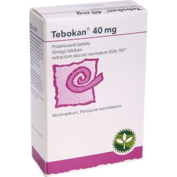 Tebokan 40mg film-coated tablets 100x40mg is a supplement containing ginkgo biloba extract, commonly used to improve cognitive function, enhance memory, and increase blood circulation. It is often used for conditions related to poor circulation, such as peripheral vascular disease, and to support mental performance, especially in older adults.