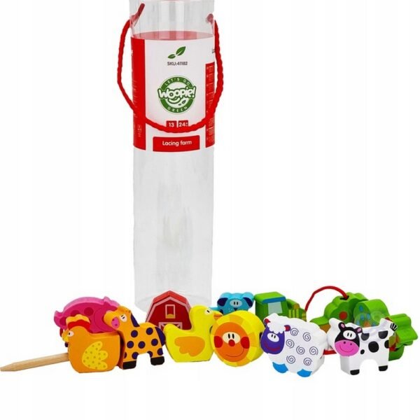 A Montessori-style threader toy featuring animal-themed wooden blocks, designed to improve hand-eye coordination and fine motor skills in children.