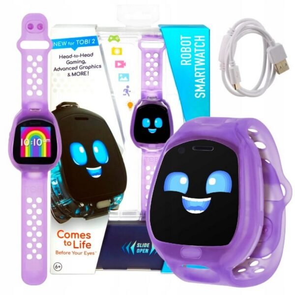 Tobi 2 Robot Smartwatch Interactive Electronic Watch Purple is an interactive smartwatch for kids with games, activities, and a robot companion, designed in a fun purple color.