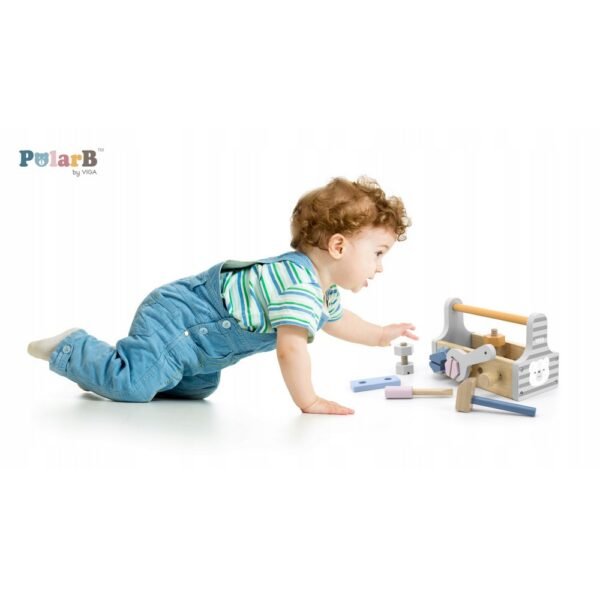 A DIY tool box set by VIGA, featuring wooden tools and accessories, designed to foster creativity, hand-eye coordination, and problem-solving skills in children.